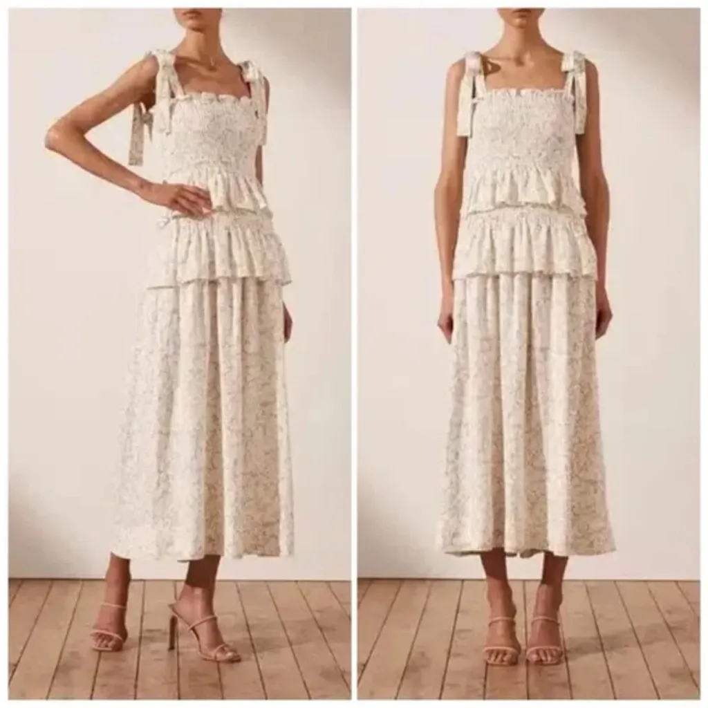House of Harlow 1960 Cream Floral Tiered Midi Dress Linen Blend‎ Tie Shoulder L - Image 2