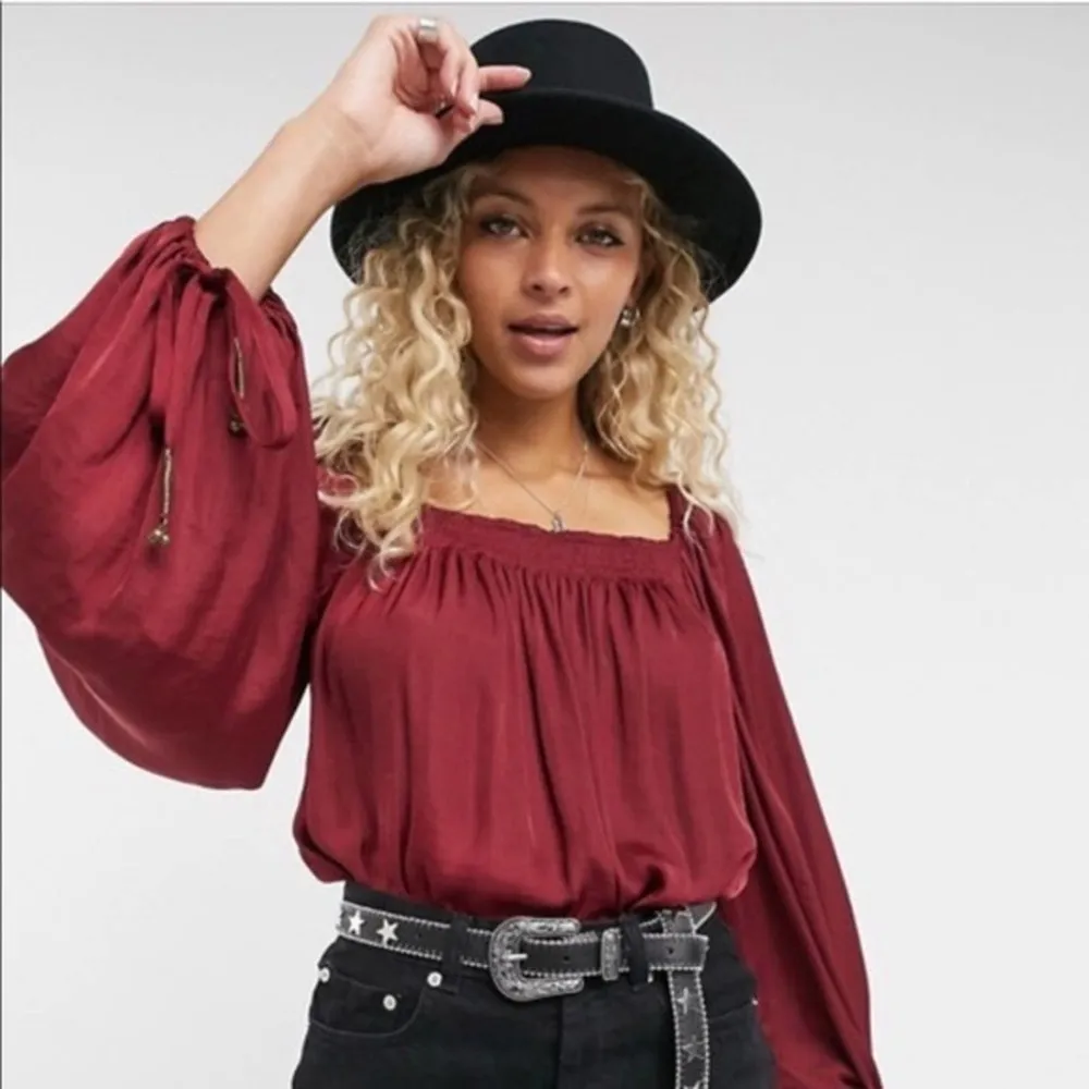 Free People Red Burgendy Wine Flowy Boho Silky Long Sleeve Cottagegore Bodysuit - Image 50