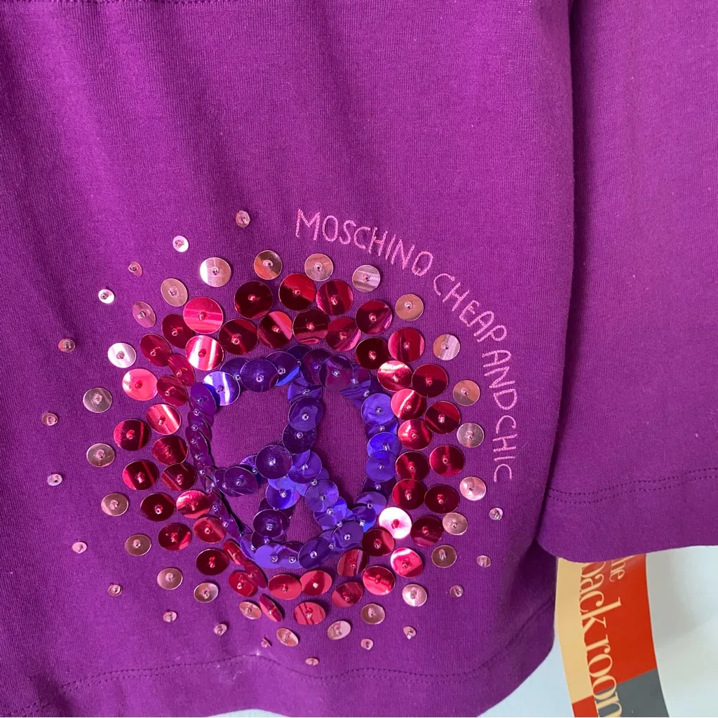 Moschino Cheap And Chic NWTs Purple Sequin Peace Sign Embellishment Top size 14 - Image 5