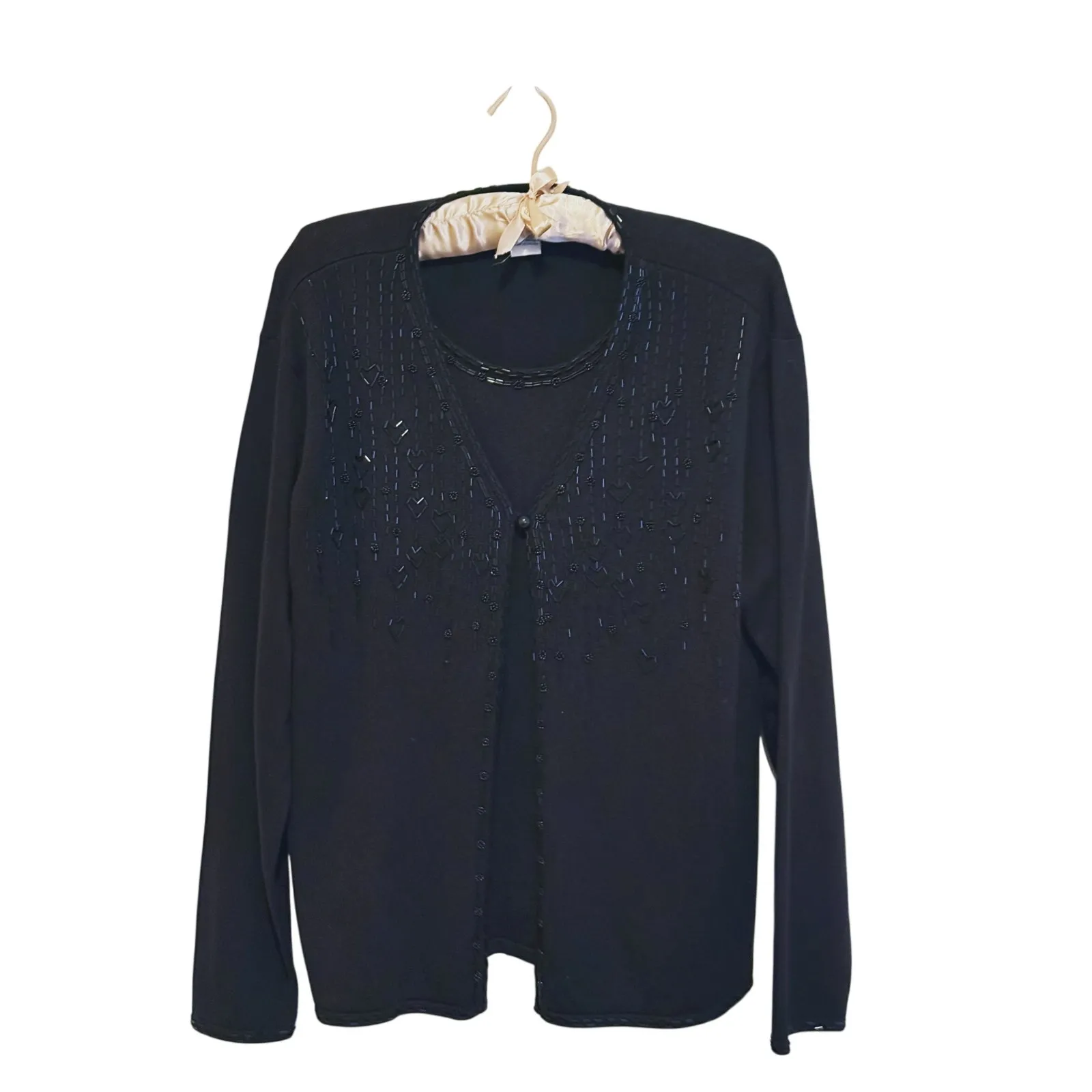 VTG Crystal Kobe Whimsigoth Beaded Heart Cardigan Womens XL Black Retro Grandma - Image 3