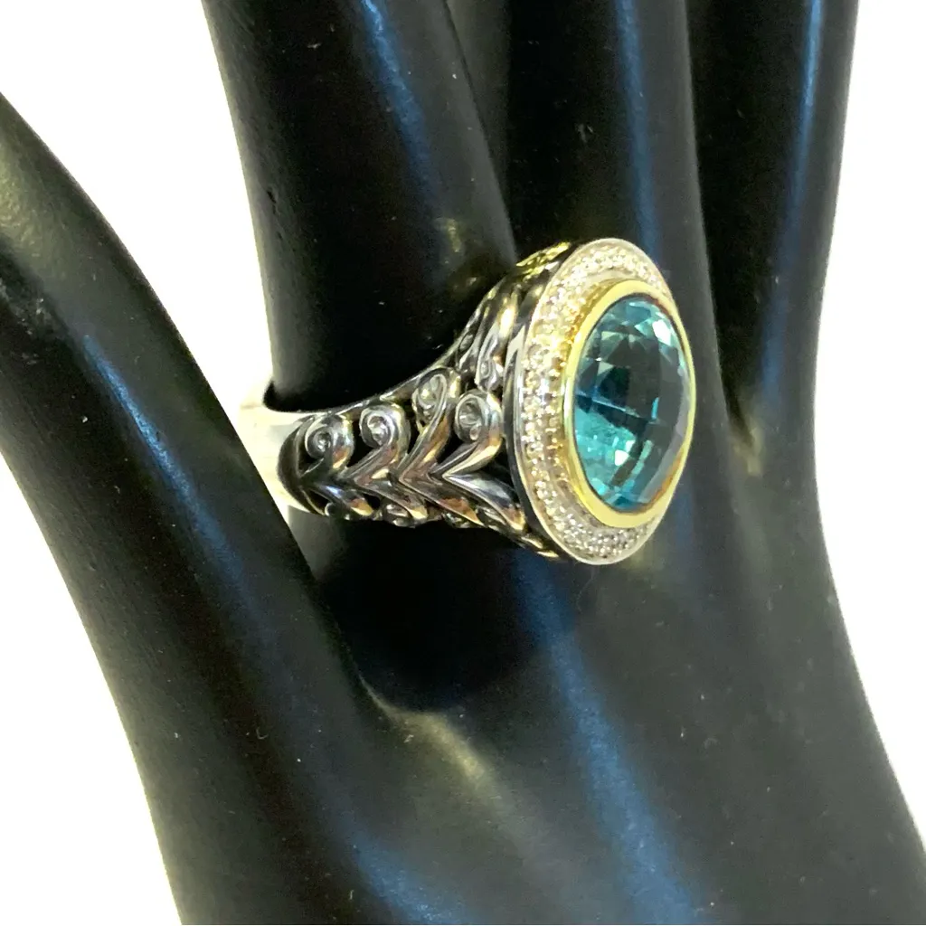 CHARLES KRYPELL STERLING SILVER & 18K GOLD TOPAZ & DIAMOND COCKTAIL RING (5.75) Blue - Image 4