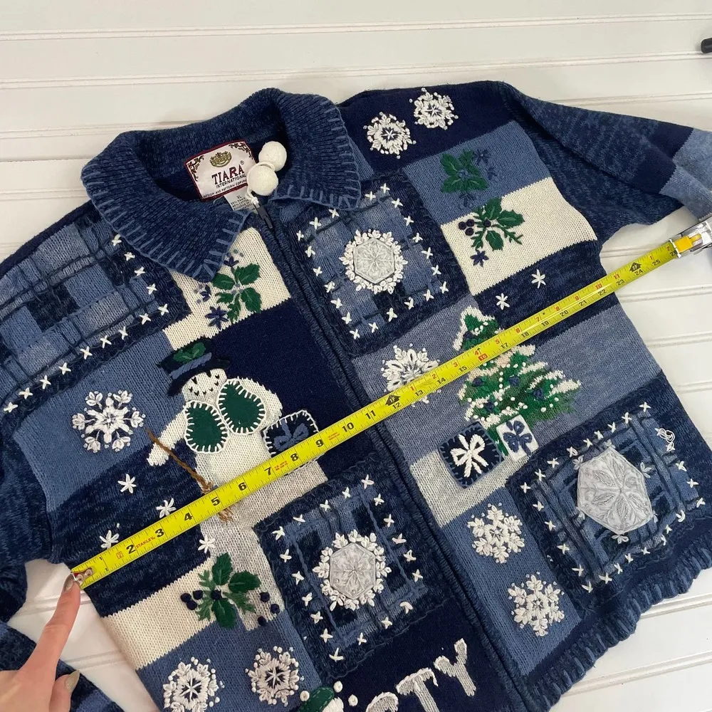 Tiara International Ugly Christmas Cardigan Sweater Blue Full Zip Snowman Sze XL - Image 3