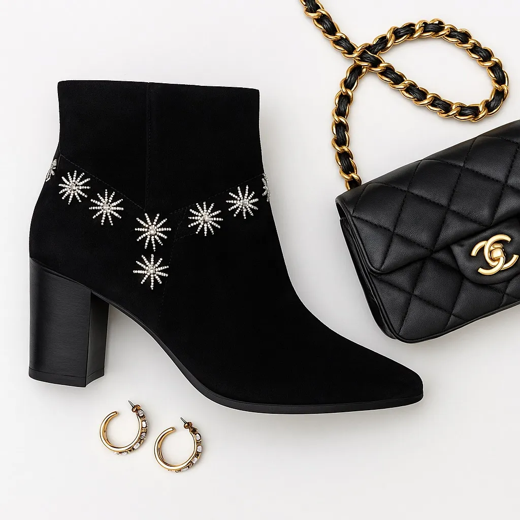 Schutz Black Suede Star Ankle Boots Block Heel Leather Sole 8.5B NWOT with FLAW - Image 3