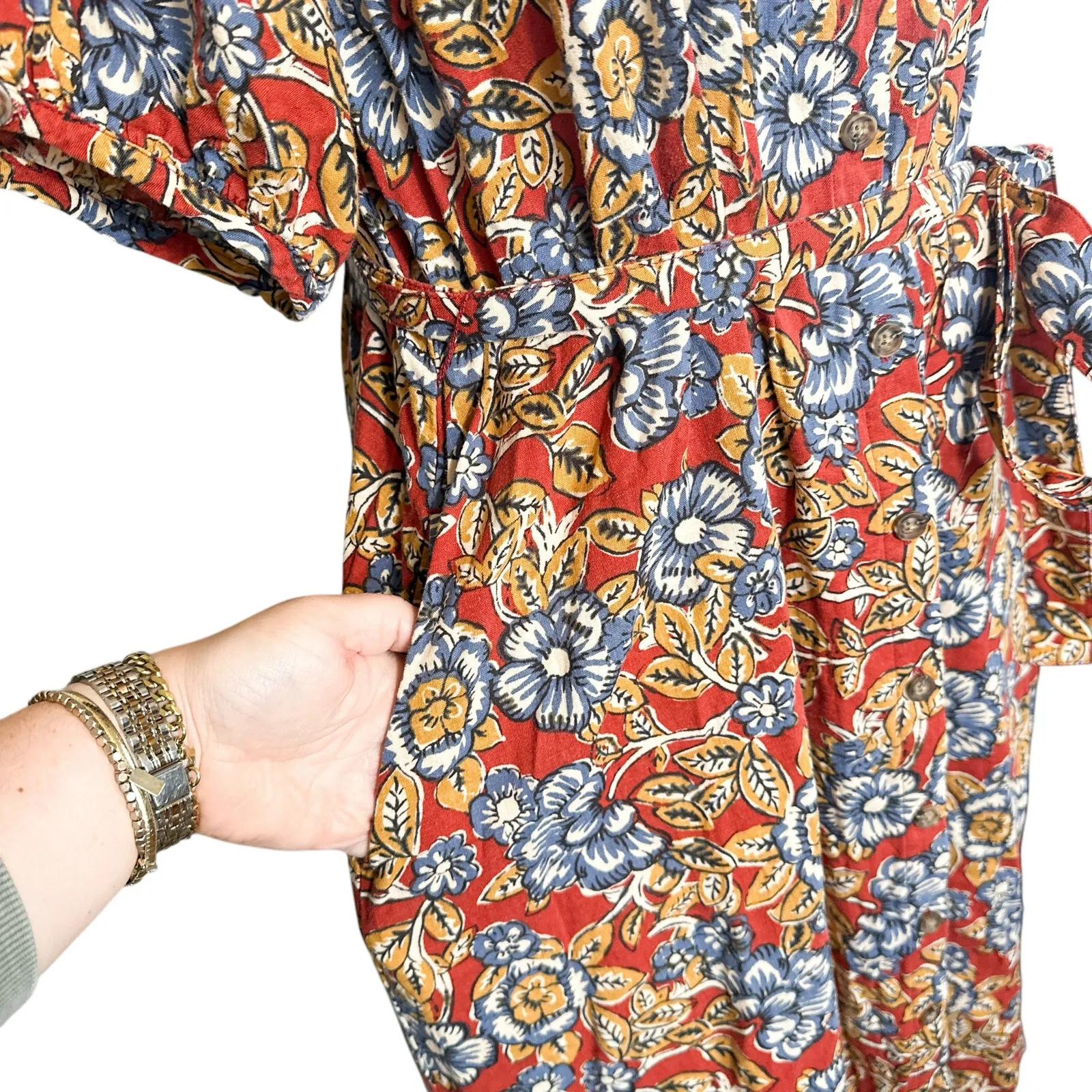 Faherty Carmel Linen Button Down Short Sleeve Midi Dress Red Desert Bloom Medium - Image 10