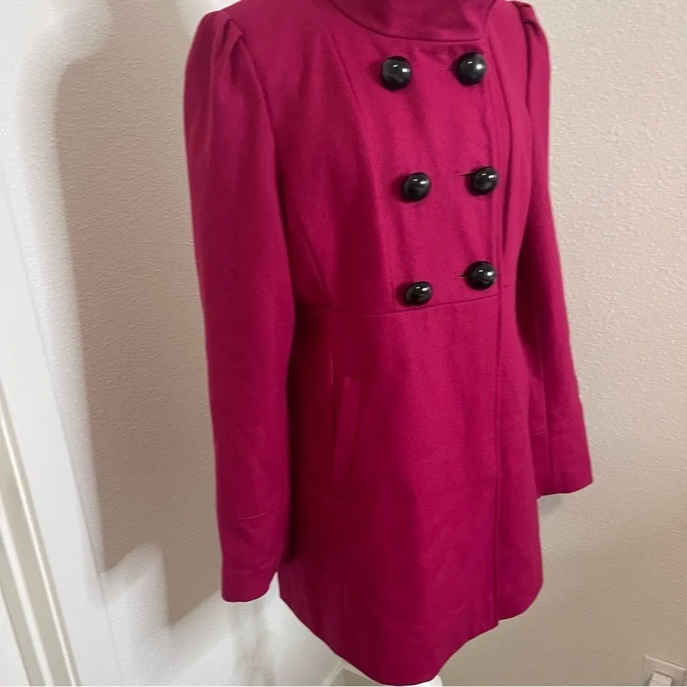 Guess Medium Magenta Pea Coat Wool Blend Cute Accents High Collar Mid Length - Image 4