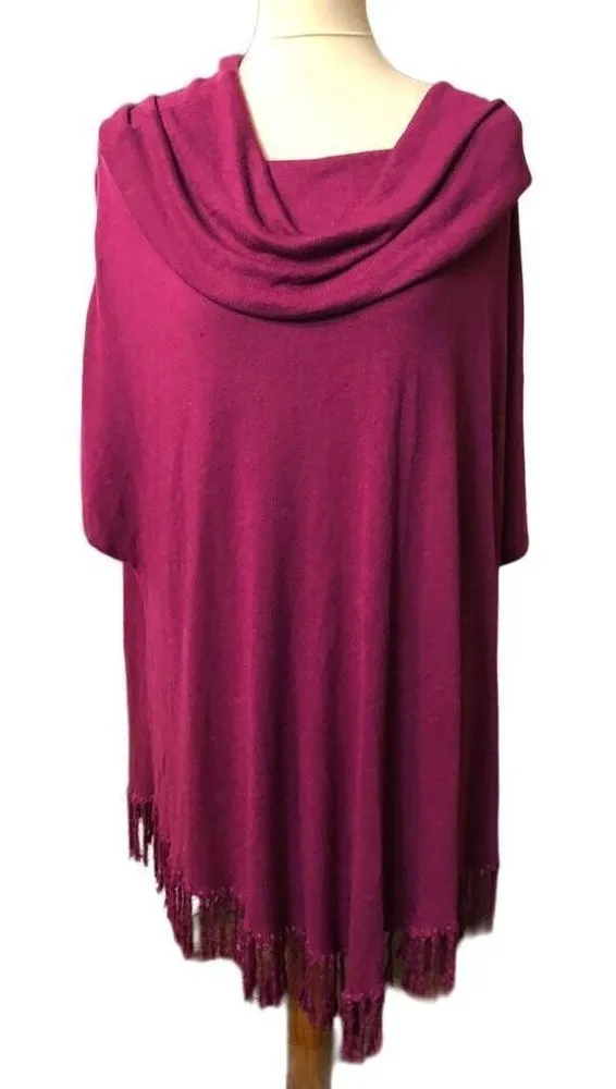 Poncho Peck & Peck Weekend pink fuchsia pullover cowl neck batwing fringed ponch - Image 1