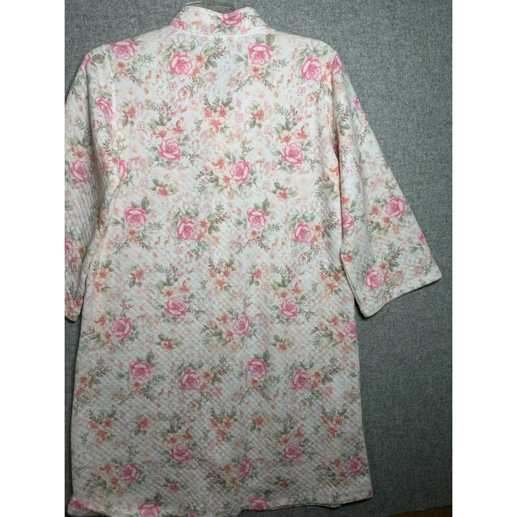 Miss Elaine Medium House Coat Robe Floral Womens Quilted Zip Pink White Womens - Image 16