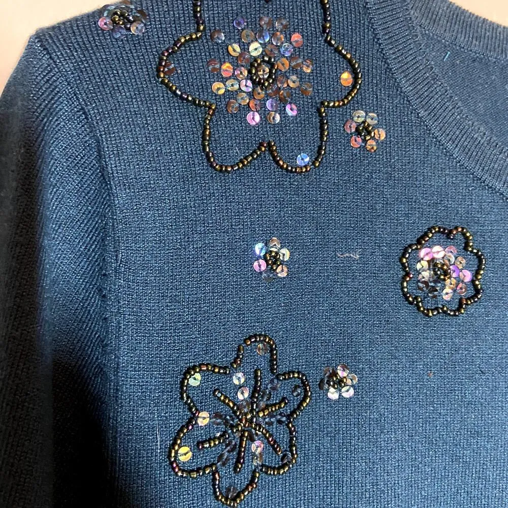 Pendleton Cardigan Silk Cashmere Blend Sequin Floral Embellished Teal Medium - Image 2