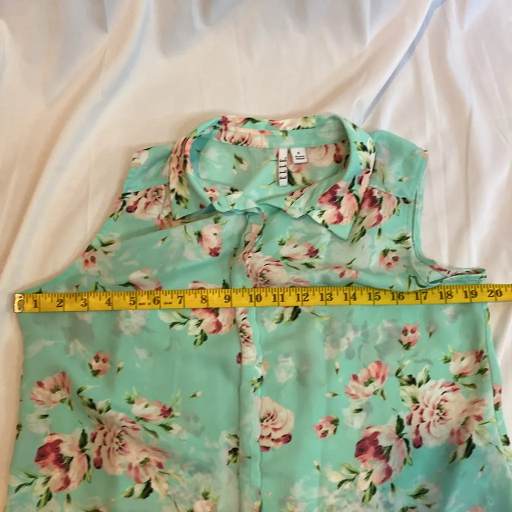 152 ELLE Sleeveless Collared Floral Sheer Cottagecore Blouse Green Pink Small - Image 5