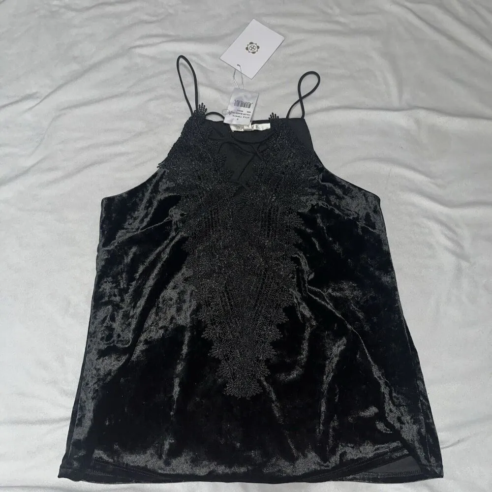 NWT S Small Wayf Black Sleeveless Lace Up Velour Top Tank Blouse B3 - Image 5