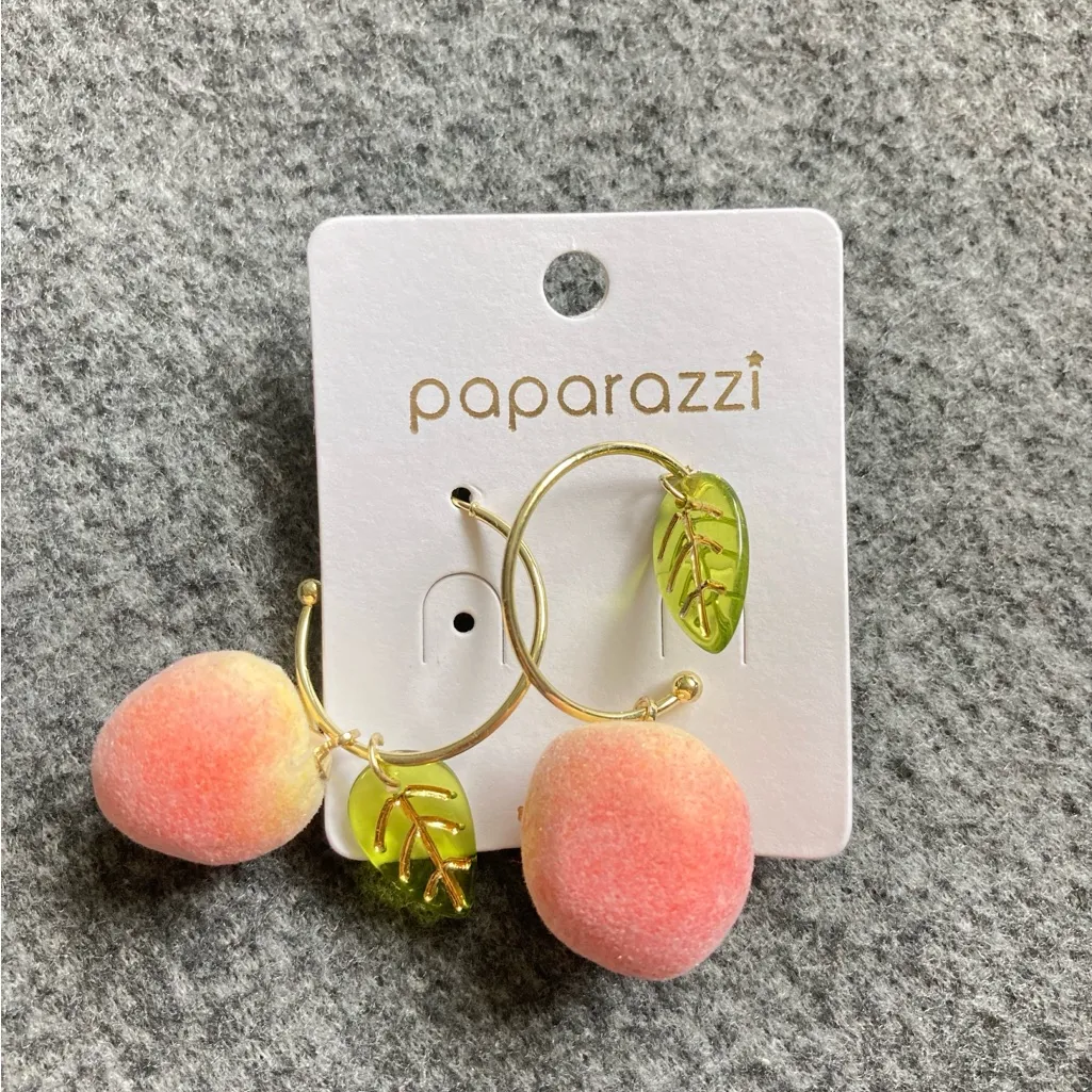 Pink Fuzzy Peach Earrings with‎ Green Leaf Charm – Cute Fruit Hoop Jewelry new - Image 7
