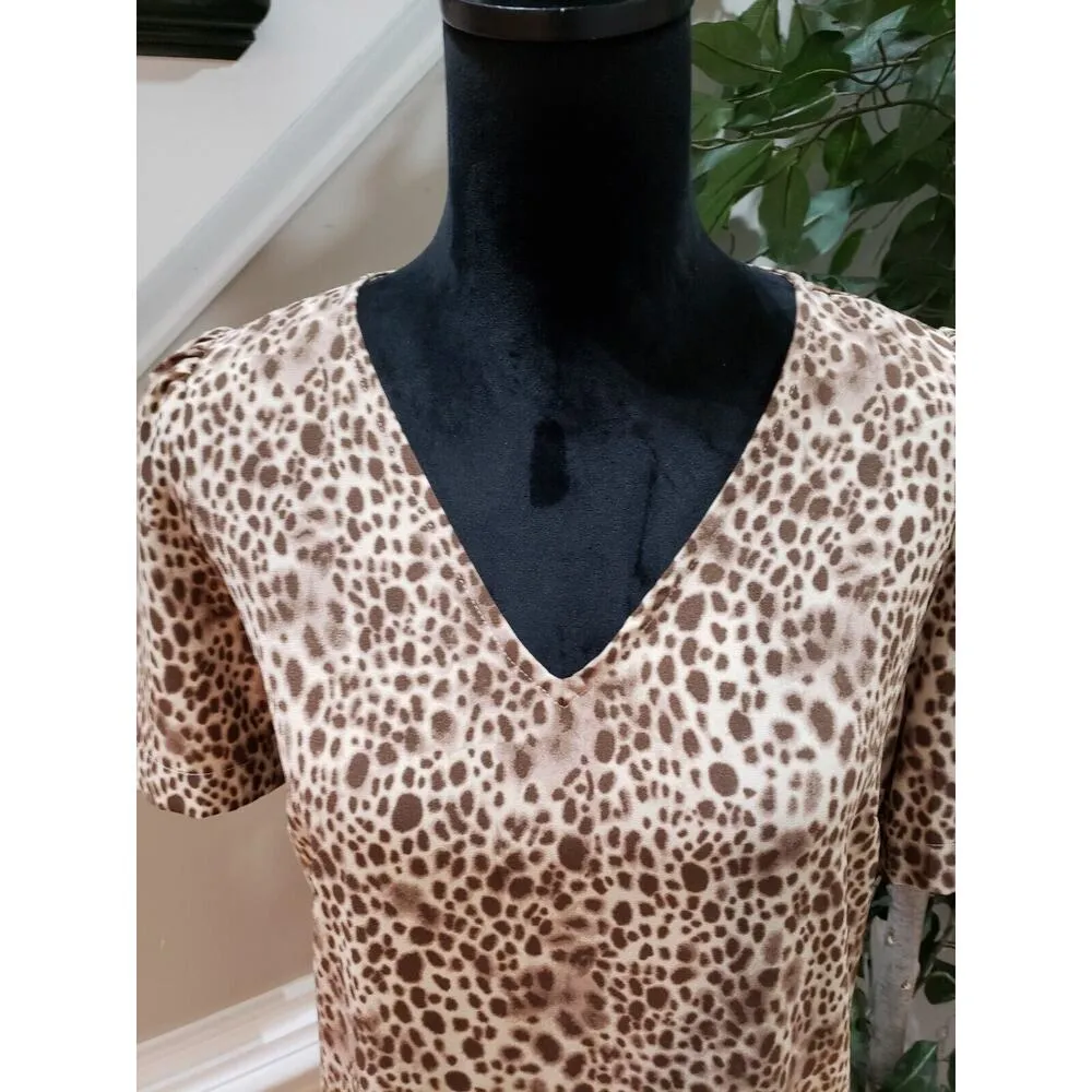 A New Day Women's Beige Brown Polyester V-Neck Short Sleeve Knee Length Dress S - Image 4