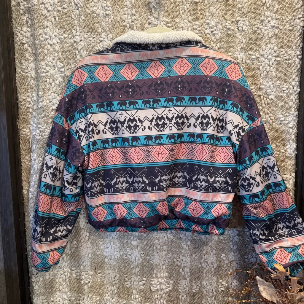 SHEIN Elephant & Geo Print Zip Up Teddy Lined Hooded Jacket size. M - Image 2