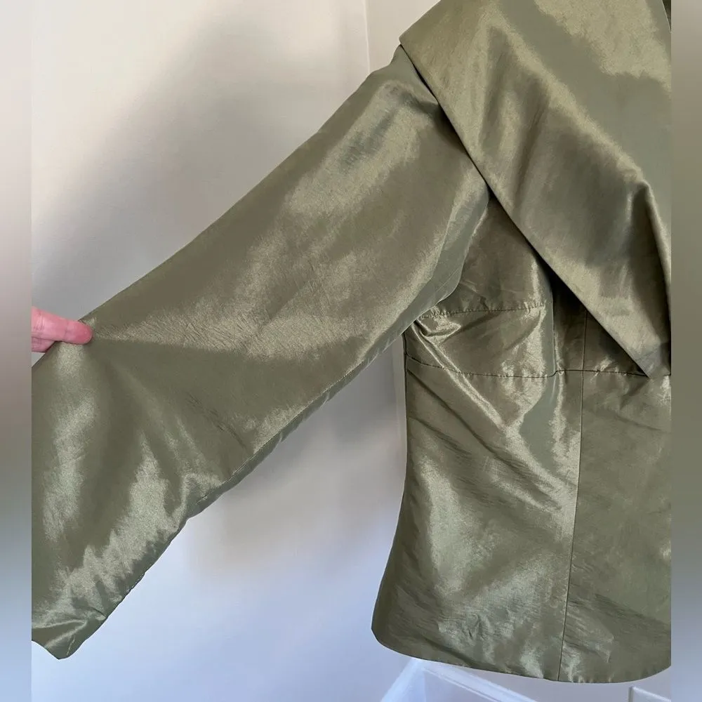Y2K Sundays by Nubiano Olive Satin Blazer 16 Rhinestone Buttons Bow Back Green - Image 3