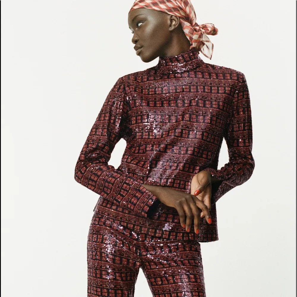 Zara SEQUINNED TOP Blouse High Neck & Long Sleeves w/ Slit Size XS NEW - Image 6