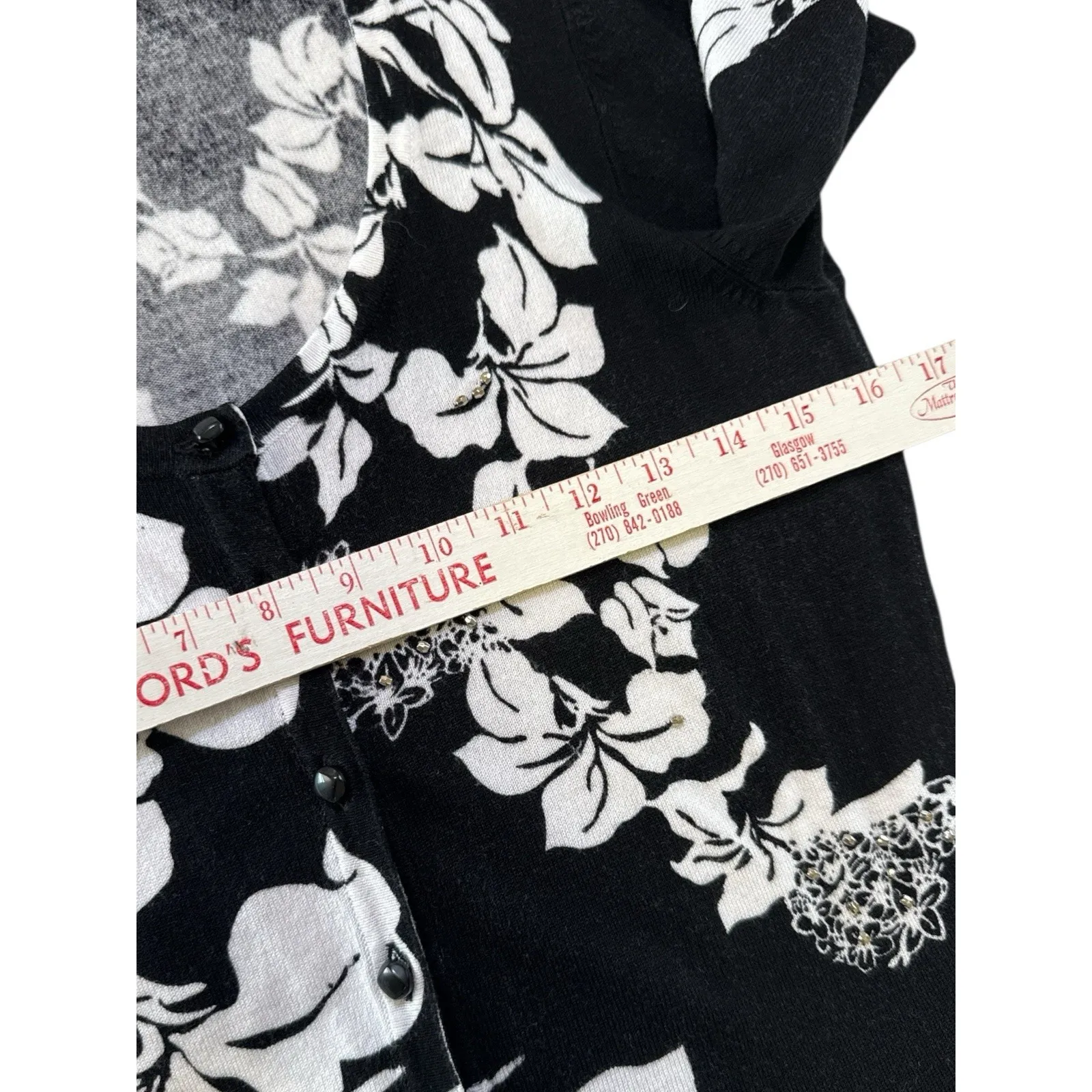 Adrienne Vittadini Studio Cardigan Small Black White Floral Button Front Knit - Image 6