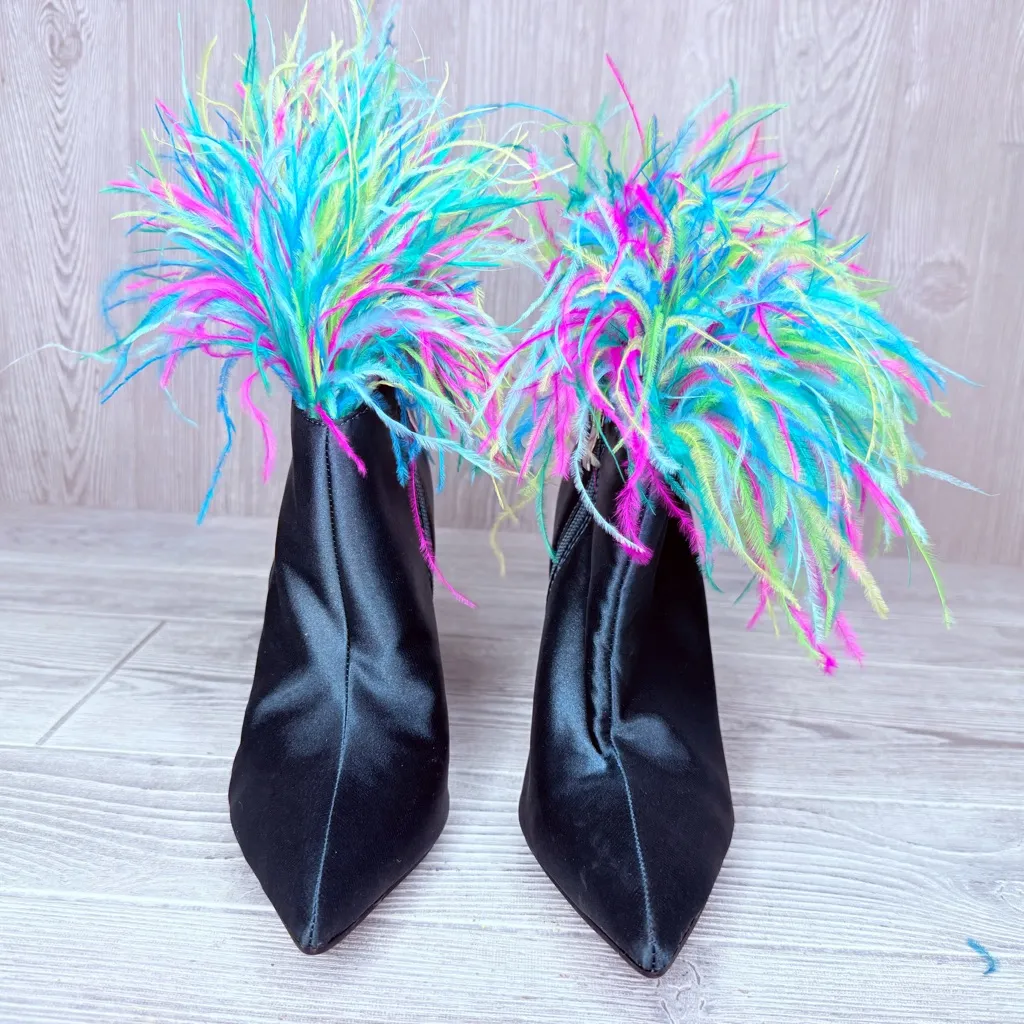 Azalea wang ruffle green teal fluffy pink green feather Stiletto Buffy boots 8.5 - Image 4
