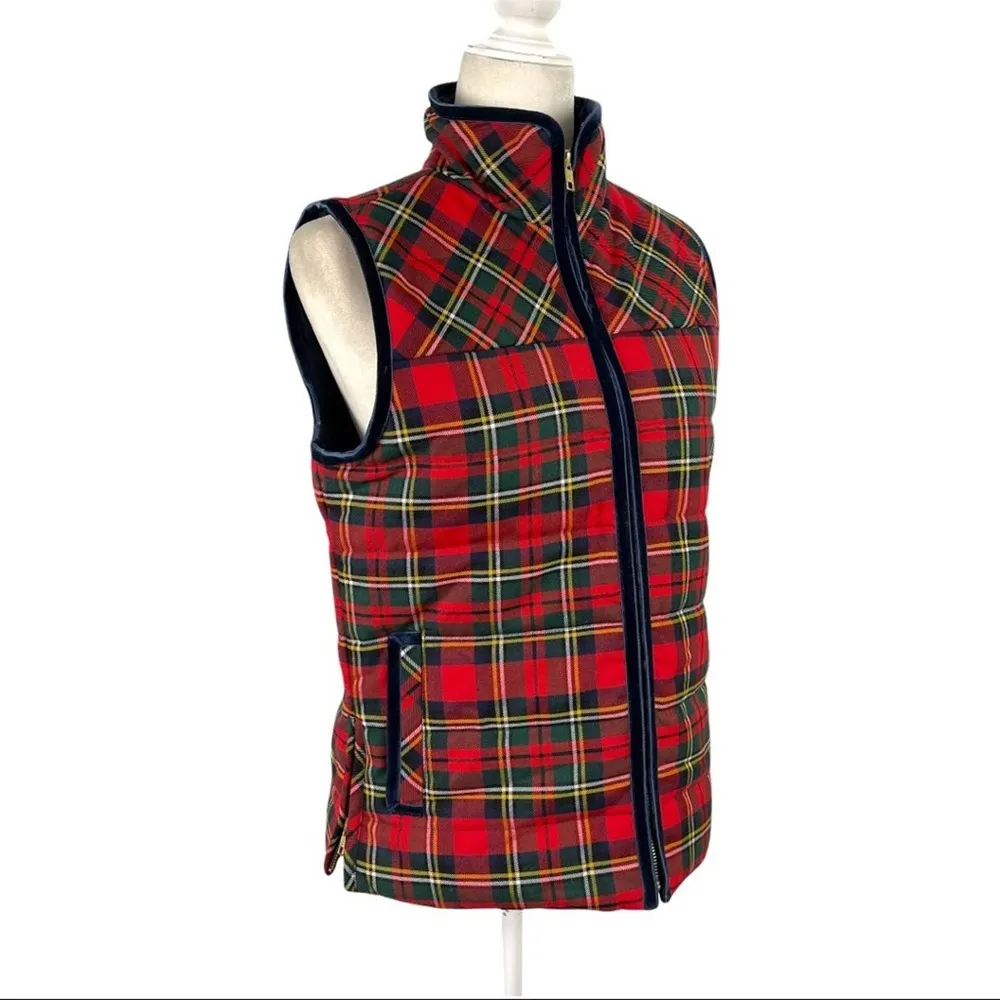 J. Crew Tartan Plaid Mountain Puffer Velvet Trim Vest Red Green Size Small H2712 - Image 6