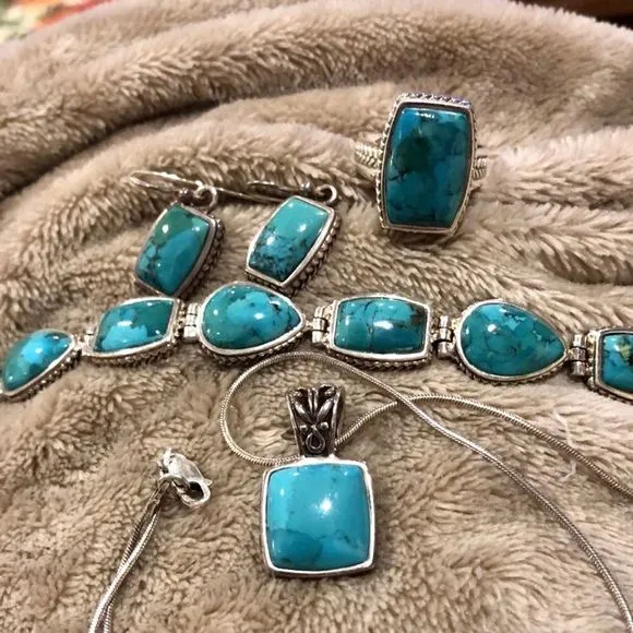 Barse Turquoise Sterling Silver Necklace Earrings Bracelet Ring Rope Accent Set - Image 1
