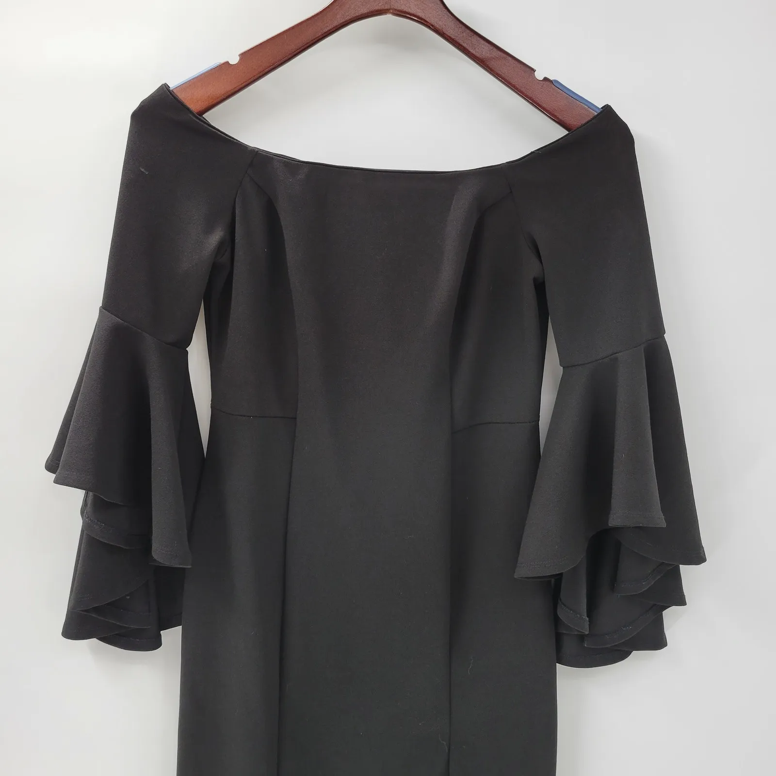 VTG‎ Bailey Blue Sheath Dress Womens M Black Trumpet Bell Sleeve Side Slit y2k - Image 15