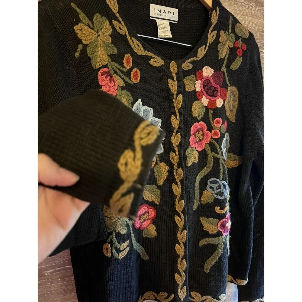 Vintage 80s Imari Granny Sweater Vest Womens M Black Crochet Flowers Boho Artsy Size M - Image 5