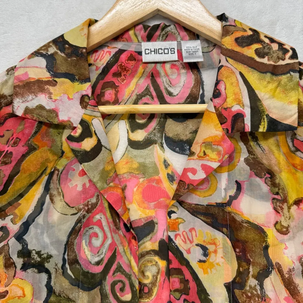 Chico's Silk Tunic Top Abstract Print Button Down Long Sleeve Blouse Size 1 US M - Image 2