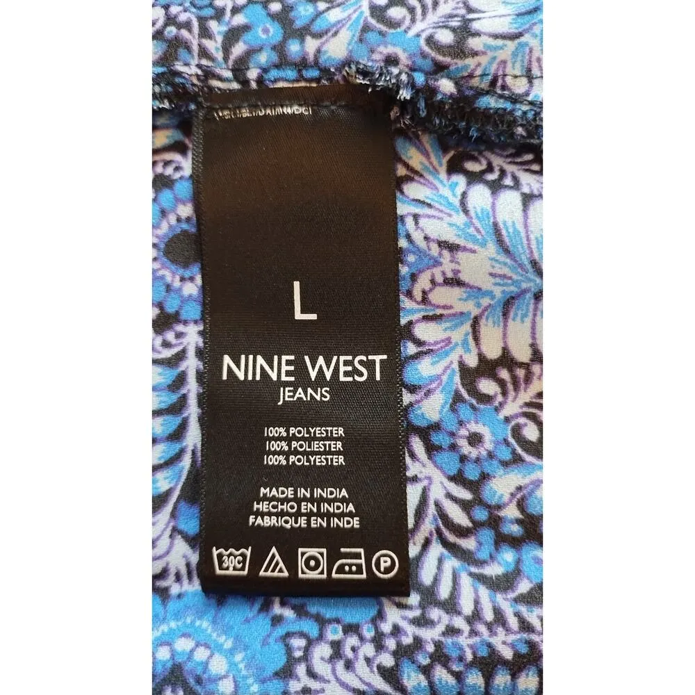 Nine West Blue/Black & white semi sheer Tunic Blouse neck tassel size Large - Image 6