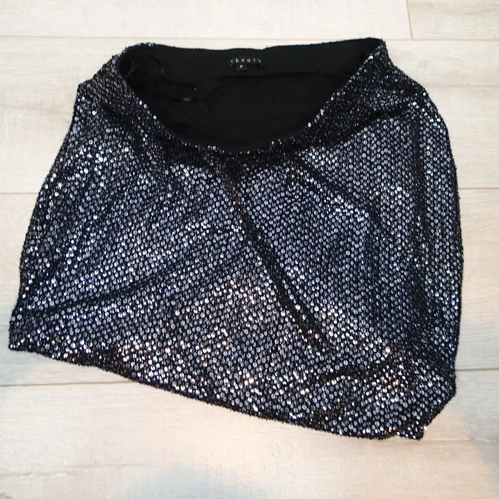 Theory Hailey Skirt Black Metallic Sequin Asymmetrical Hem - Image 8