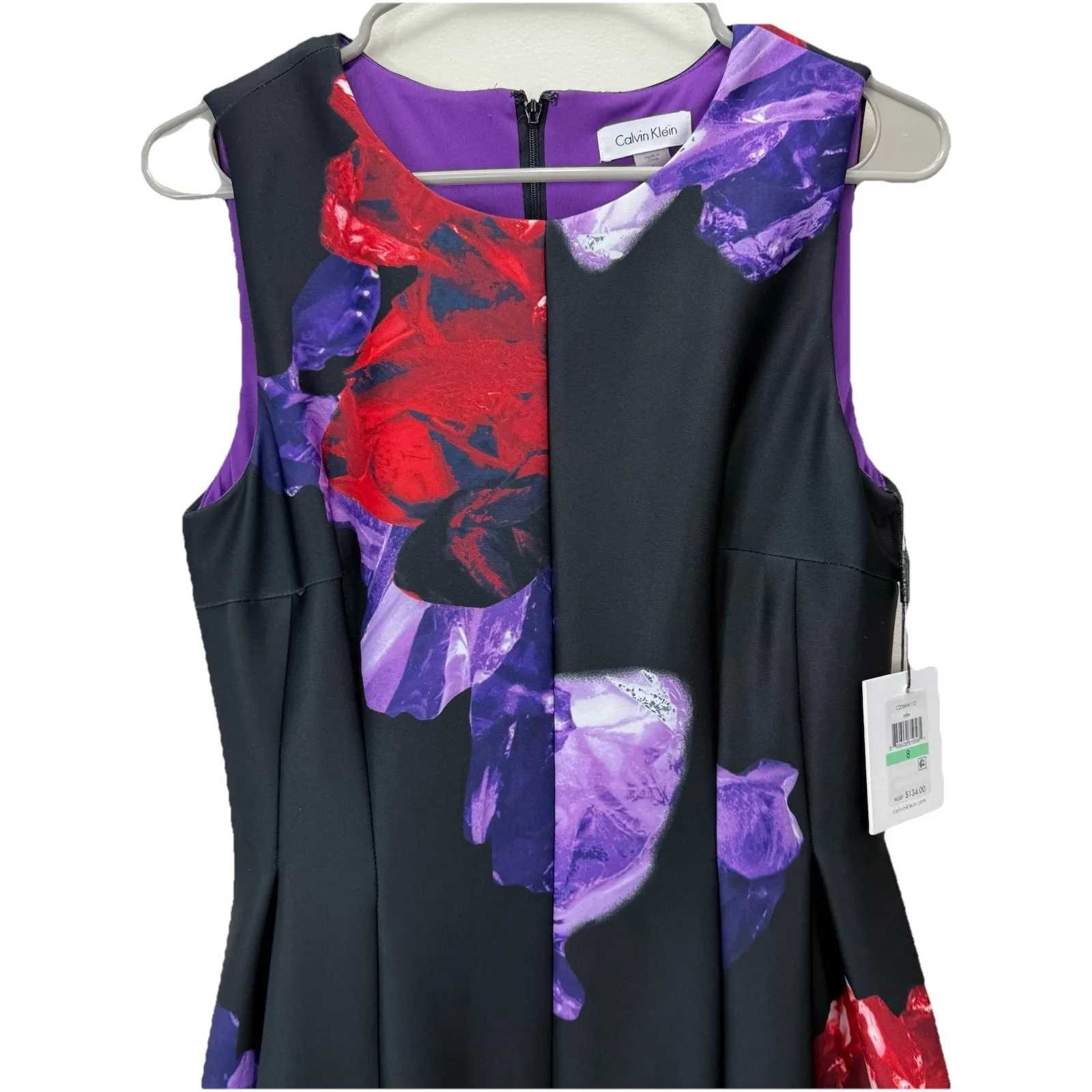 NWT Calvin Klein Purple Red Floral Sleeveless  Pleated Scuba Flare Dress‎ Size 8 - Image 5