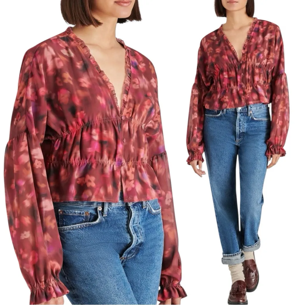 Steve Madden Floral Blouse - Burgundy and Pink | Size S - Image 2