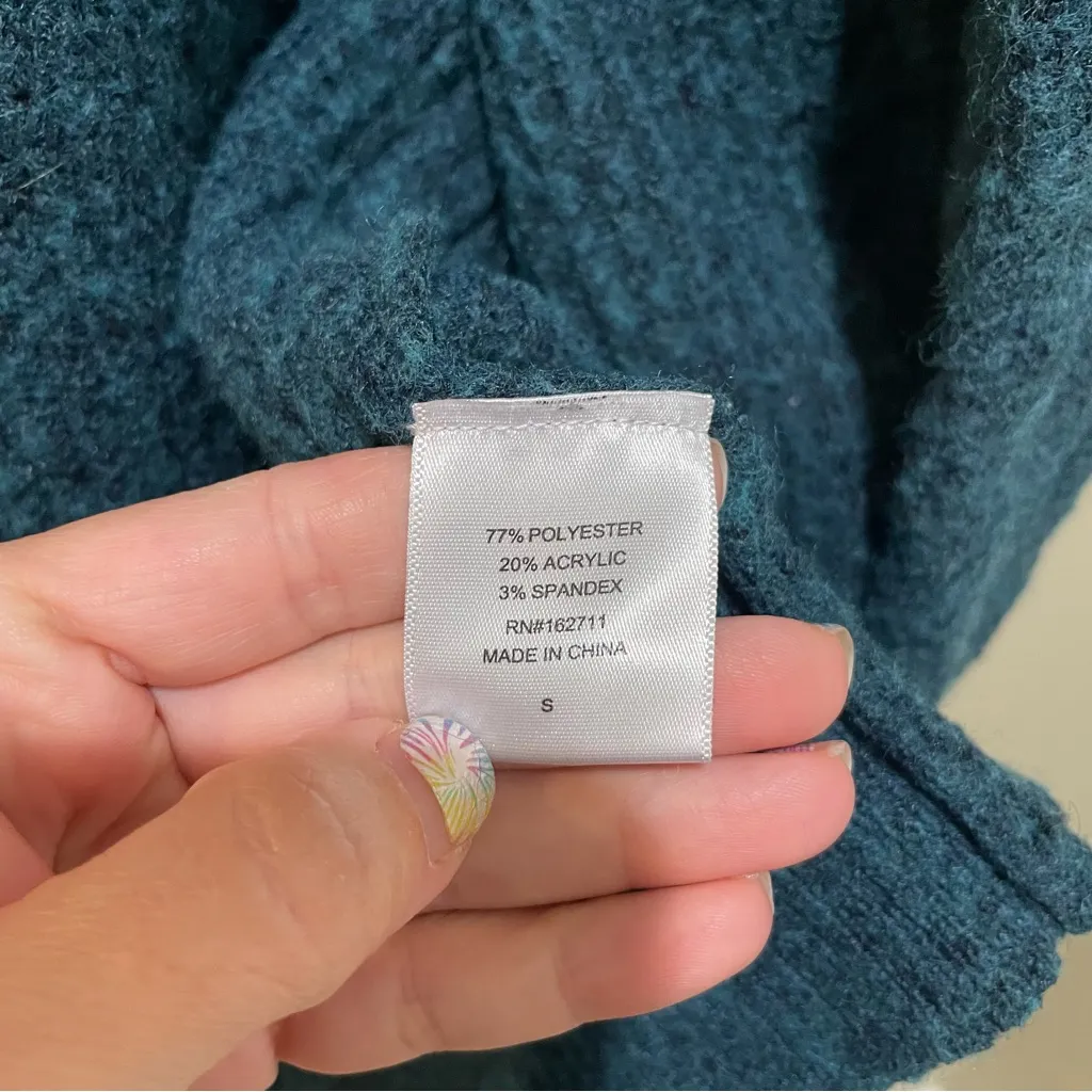 Hooked Up Open Front Cable Knit Cardigan Teal Blue Women’s Size Small - Image 6