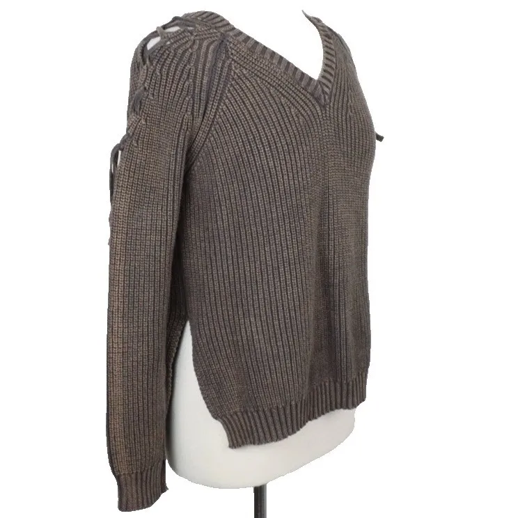 Umgee Chunky Knit Sweater Women's Medium Mineral Wash Lace-Up Shoulder Grunge - Image 4