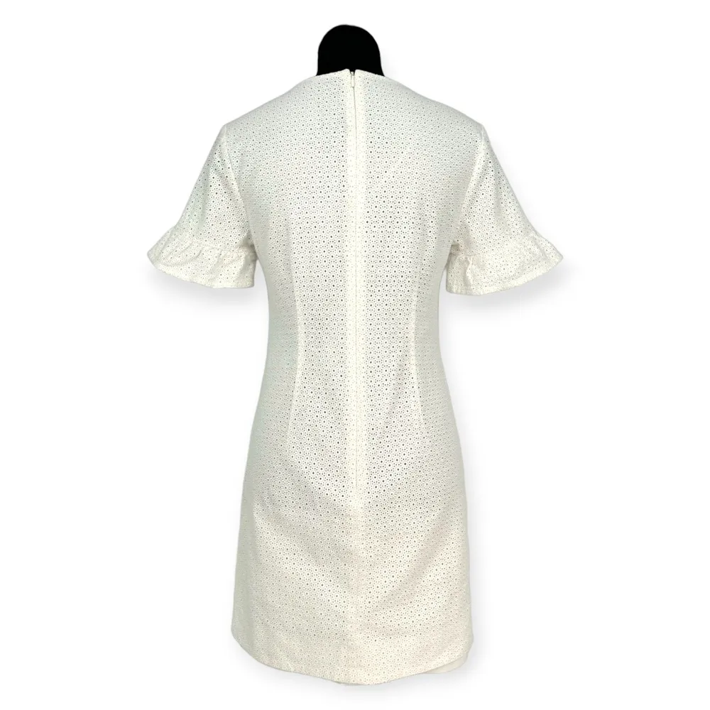 Trina Turk | White Circle Eyelet Short Ruffle Sleeve Back Zip Midi Shift Dress - Image 5