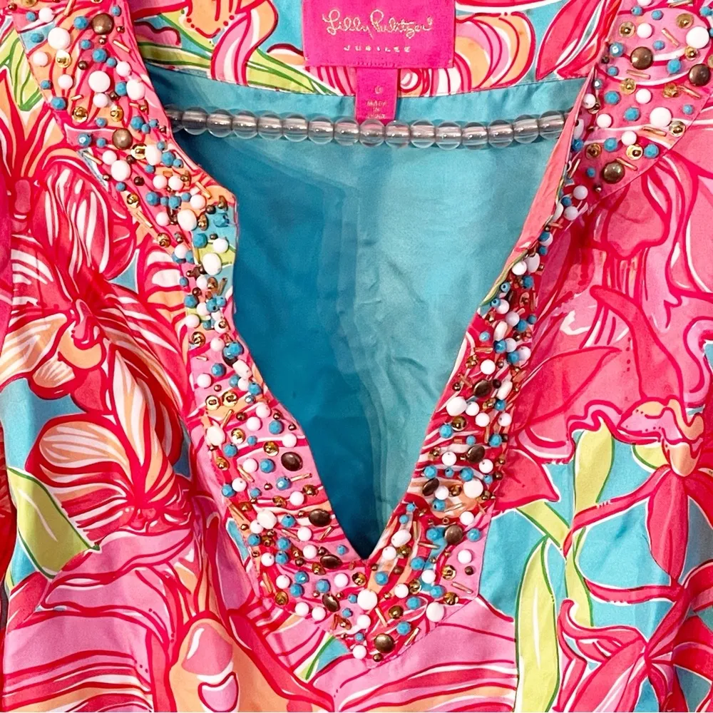Lilly Pulitzer Size 0 Jubilee Silk Bateau Neck Tunic Top Fuchsia Multi Floral - Image 4
