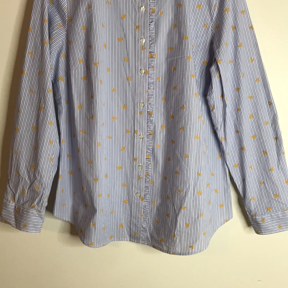 Talbots Heart Stripe Blouse Blue White Ruffle Button Up shirt Cotton size large - Image 4