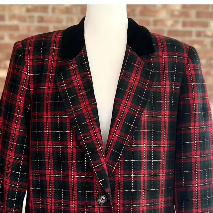 90s Sag Harbor Vintage Red Black Tartan Plaid Metallic Blazer 16P Preppy - Image 2