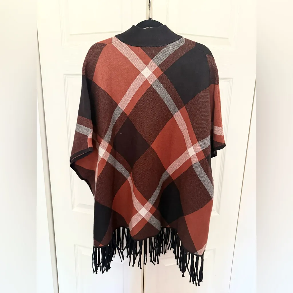 Rachel Zoe Plaid Oversized Poncho Sweater Turtleneck Orange Black Size L/XL - Image 6