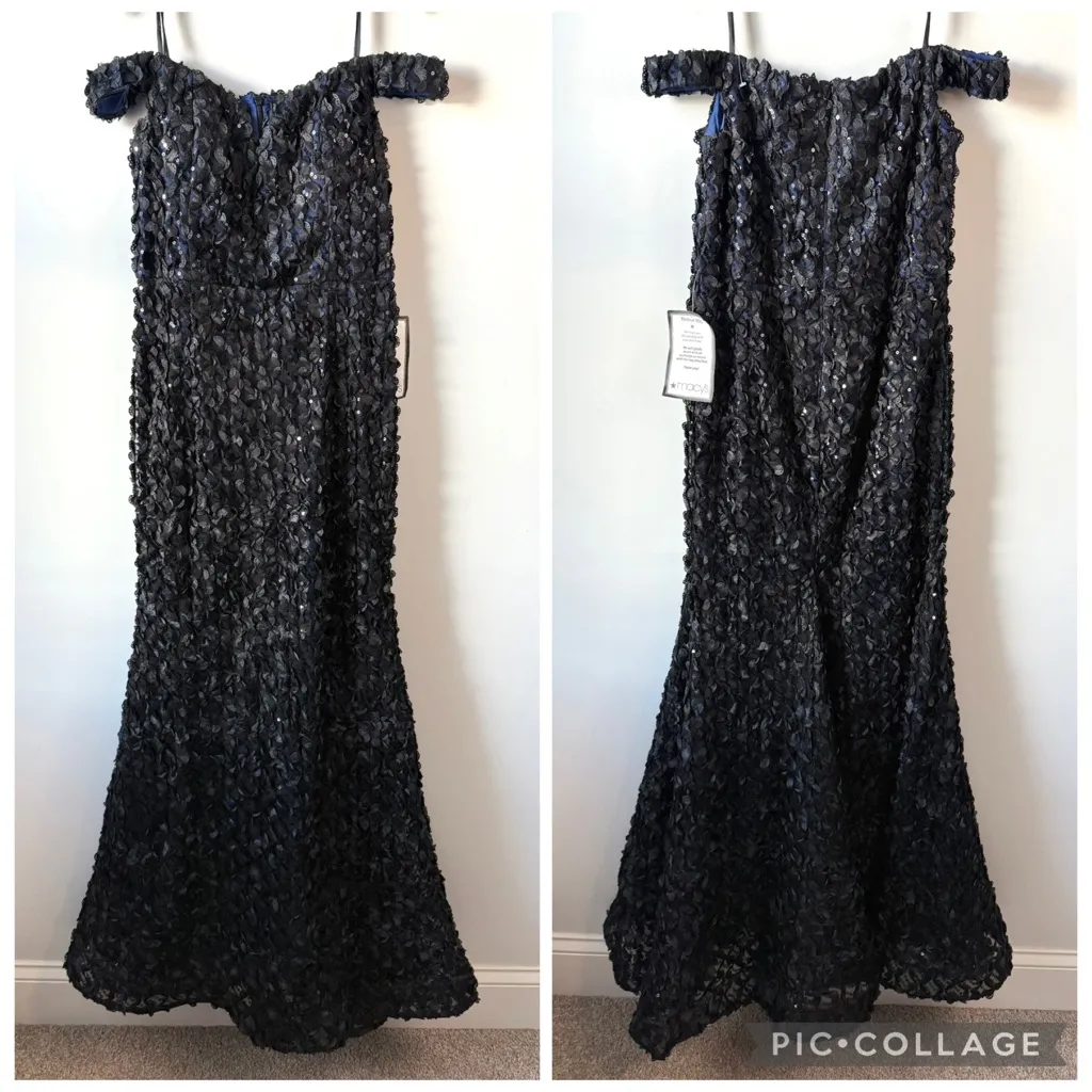 Xscape 6395X Appliqué Embellished Off The Shoulder Mermaid Gown Black Blue 12 - Image 3