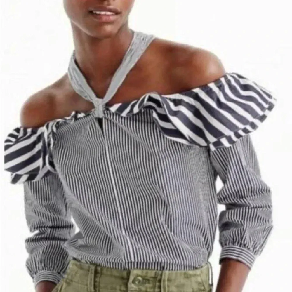 J. Crew Blue White Striped Off the Shoulder Ruffle Halter Top Blouse Size 2 XS - Image 7