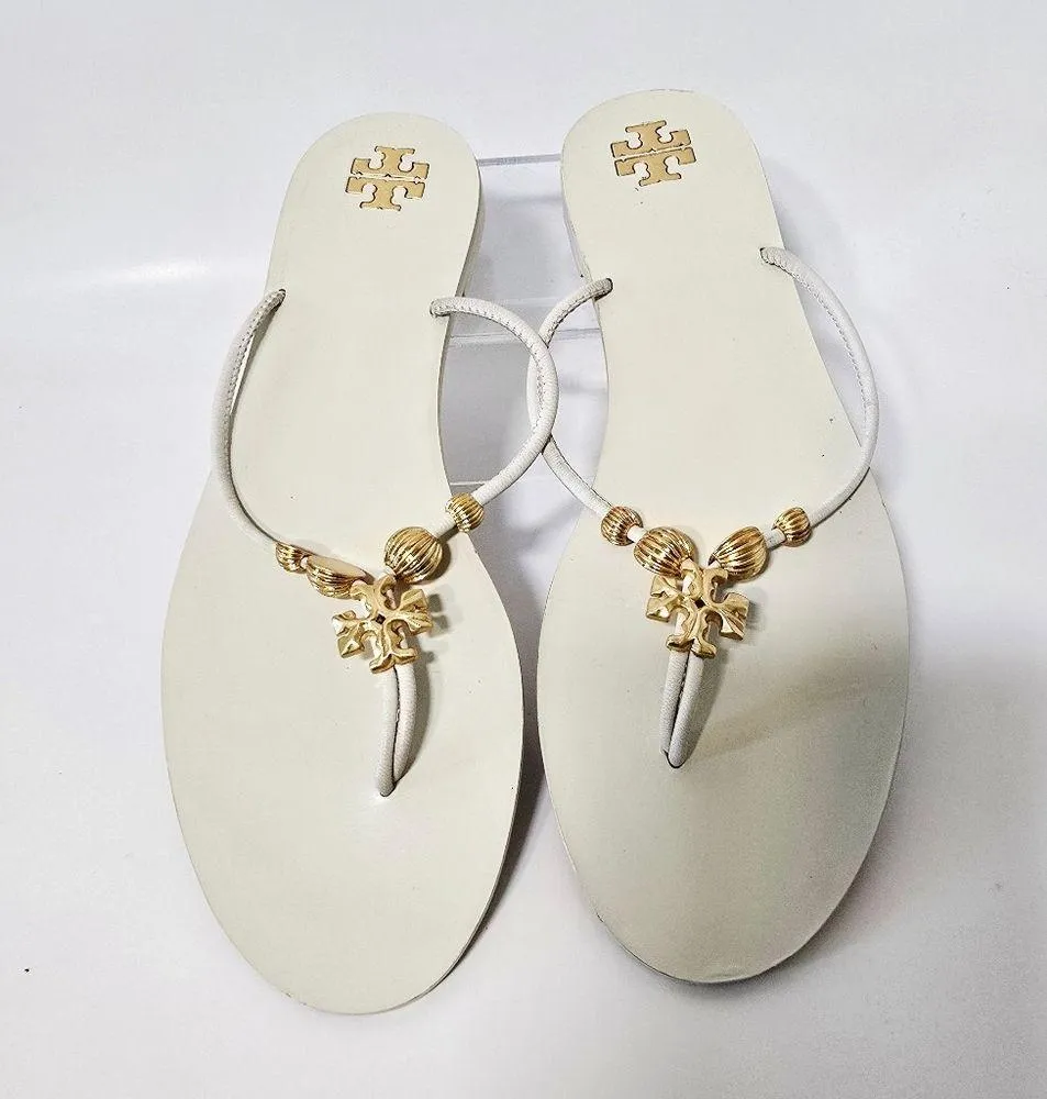 Tory Burch Capri  Beaded Leather  Tong Sandal/ Ivory/Gold Size 9 - Image 6