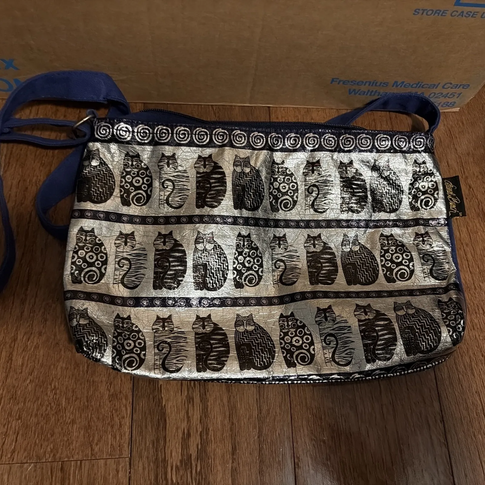 Laurel Burch Wild Cats Black White Navy Foiled Crossbody Bag Adjustable - Image 3
