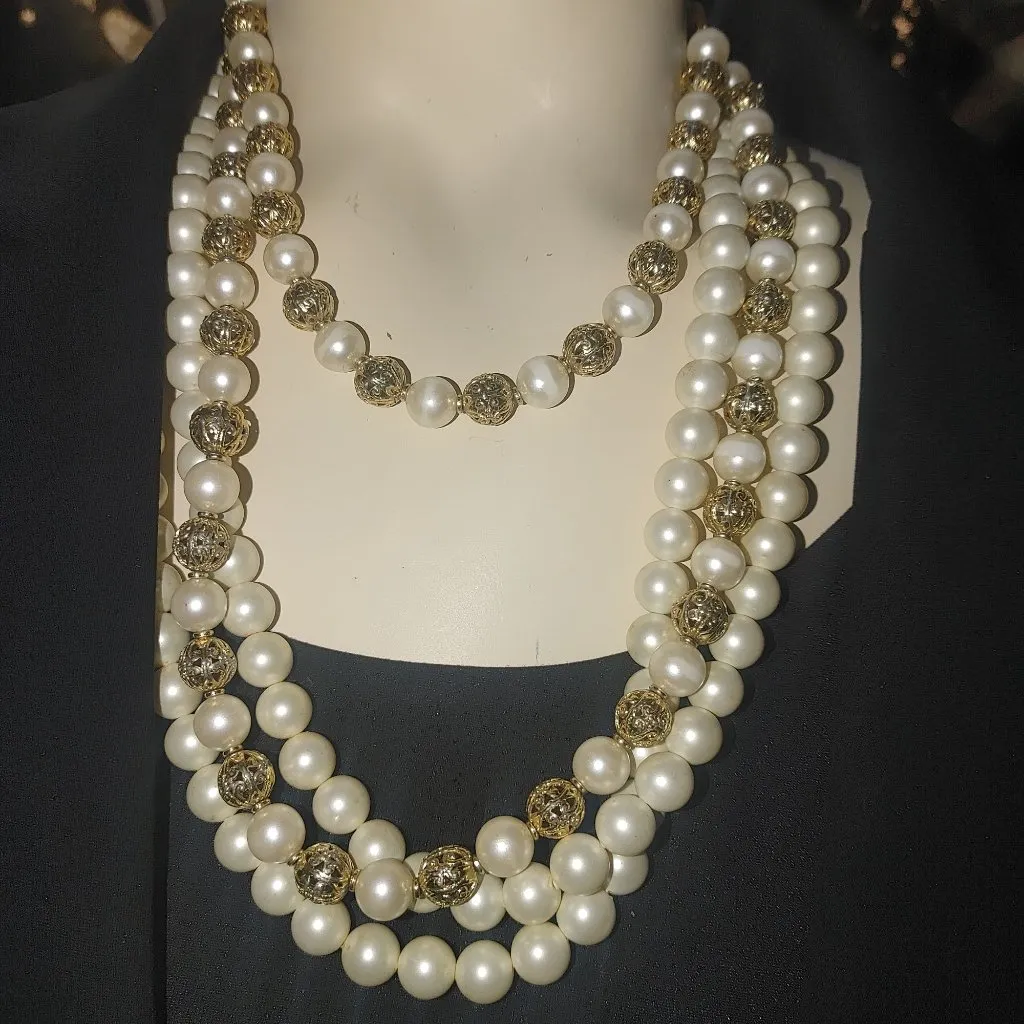 Vintage Napier Gold Tone Filigree Faux Pearl Vintage Multi Strand Necklace Lot - Image 4