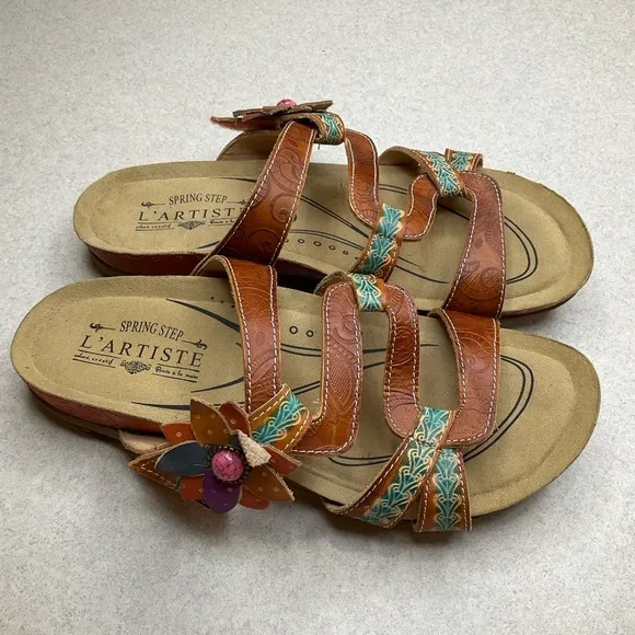Spring Step‎ L’Artiste Mabel Sandal 38 Camel Floral Pink Stone - Image 5