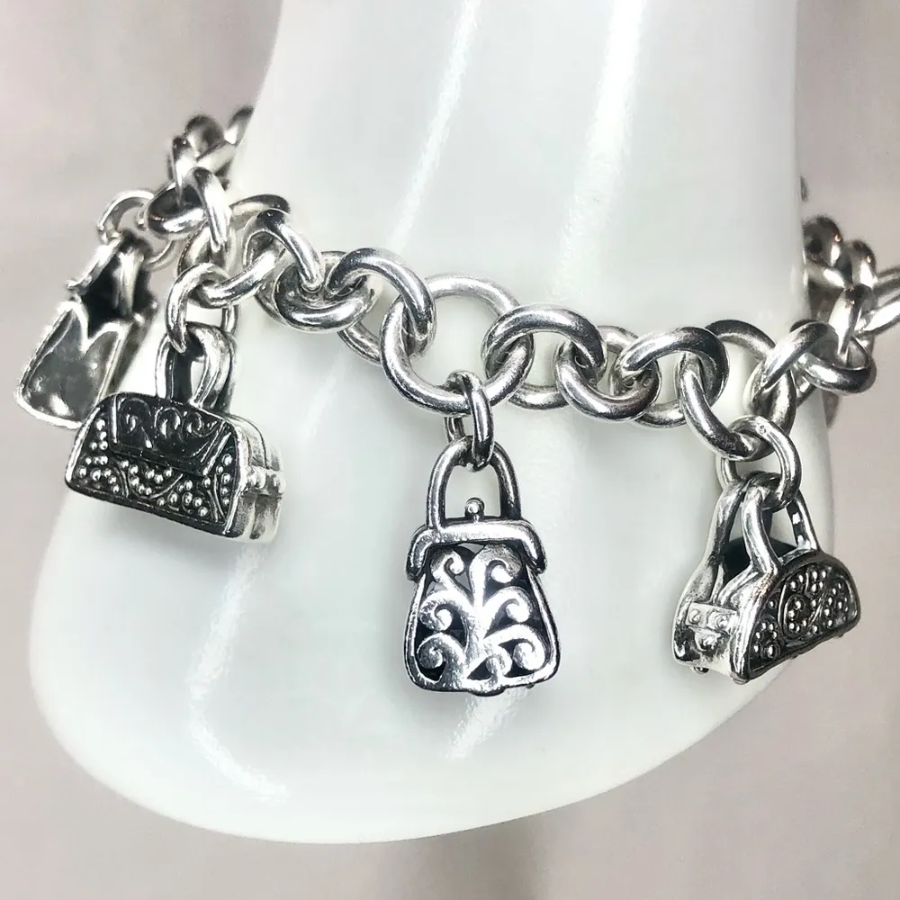 Sterling Silver Hand Bag Charms Rolo Link Toggle  Charm Bracelet - Image 9