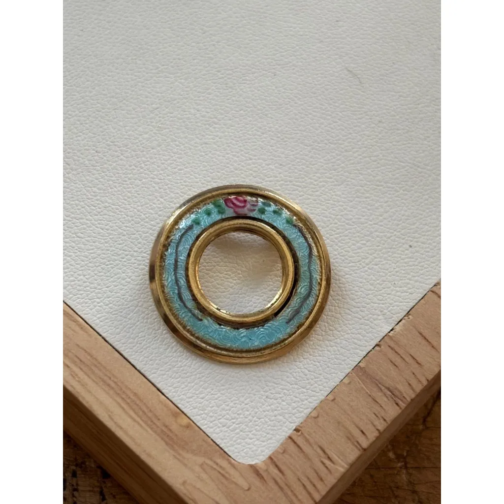 Enamel Floral Round Brooch Pin With Gold Tone Edge & Blue Detail For Women - Image 2