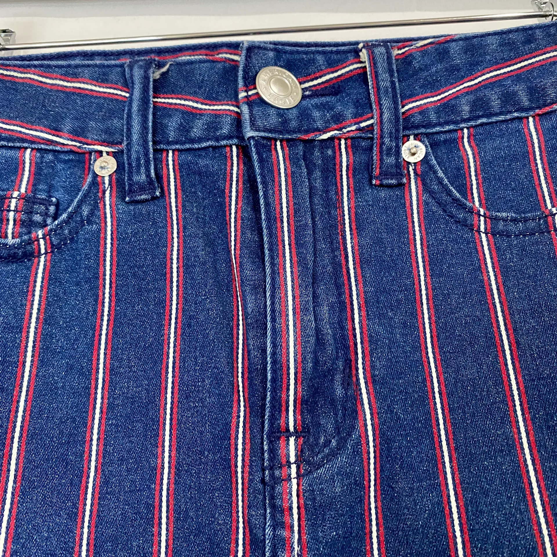 Outfitters Women’s Hi-Rise Mini Denim Skirt Blue & Red Stripe 00 - Image 2