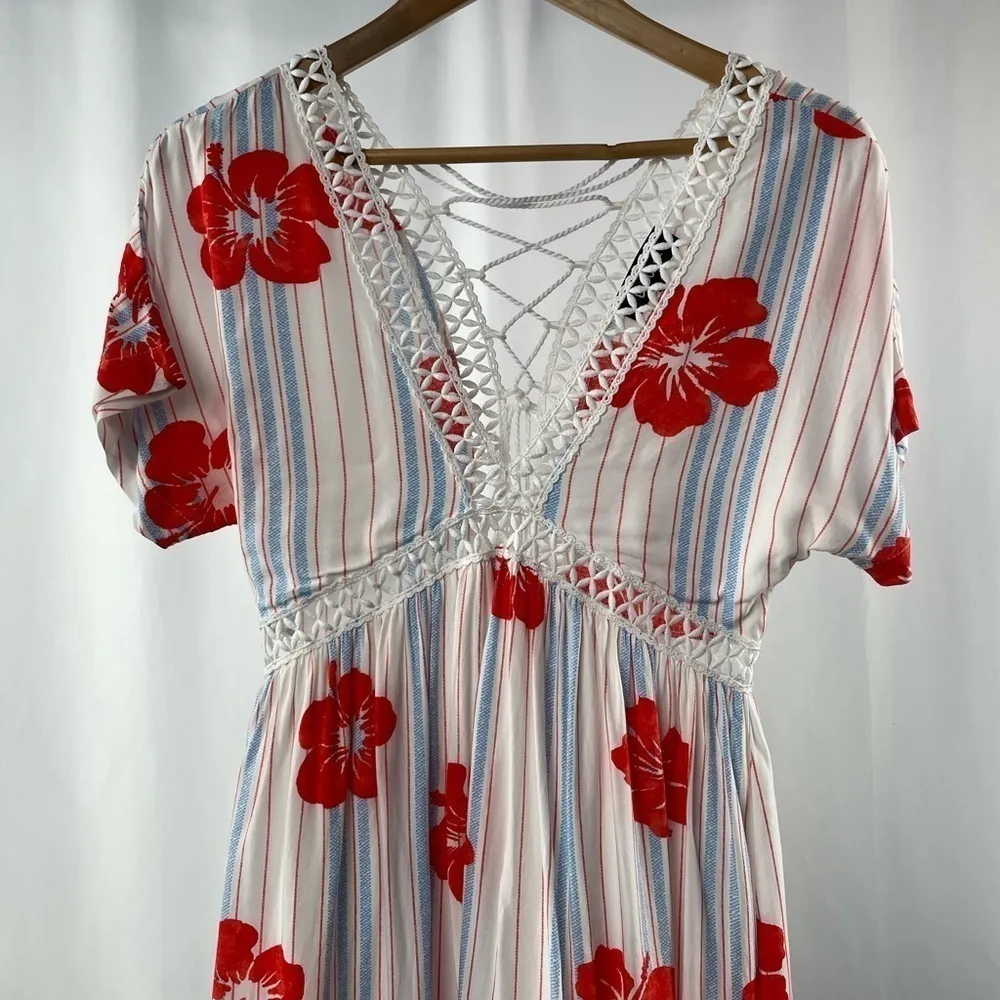 Lulus Tropical Floral Stripe V Neck Lace Up Back Mini Dress White‎ Blue Red XS - Image 2