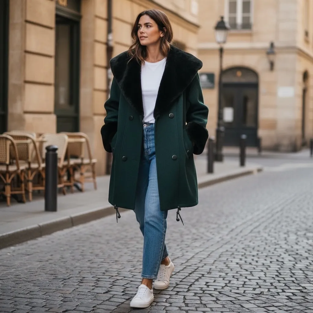 VTG Wool Blend Coat Faux Fur Collar Cuffs Lined Sz 12 Womens Dark Green Feminine - Image 2