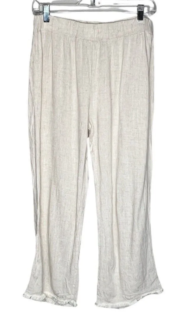 Coco + Carmen Pants Womens Medium Cream Linen Blend Cropped Frayed Hems Neutral - Image 1