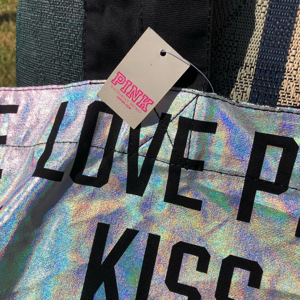 Victorias Secret Pink Holographic Kiss Me Love Me Beach Tote Book Bag NWT - Image 3
